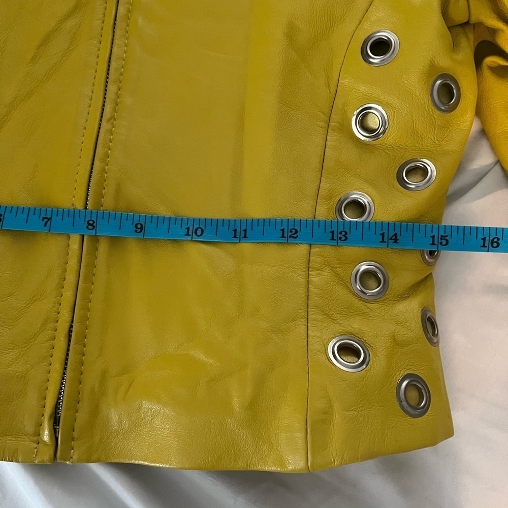 [M]Vintage  PLONGE Yellow Leather Cropped Women Jacket with Eyelet around Waist - Picture 11 of 13